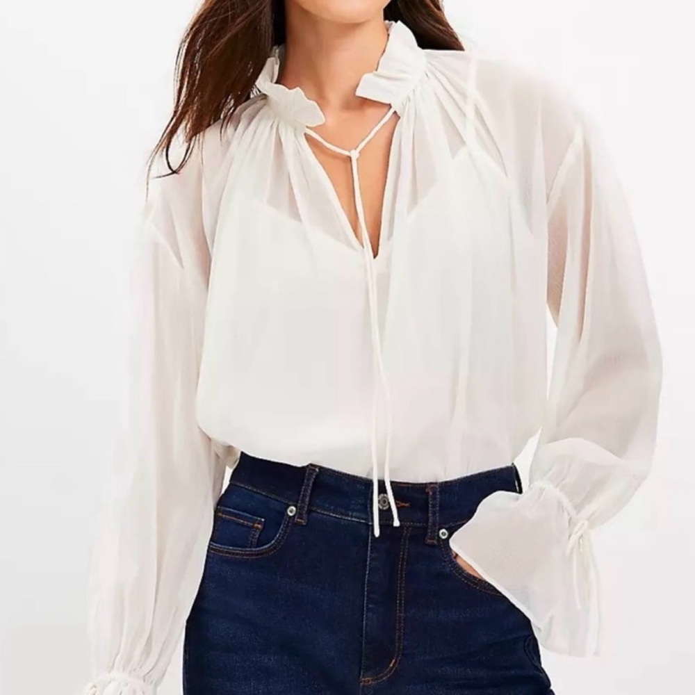 LOFT NWT Chiffon Whisper White Sheer Ruffle Tie-Neck Blouse M